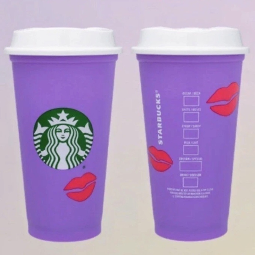 STARBUCKS Valentine's Day Lipstick Kiss Color Change Purple Reusable Hot Cup NEW